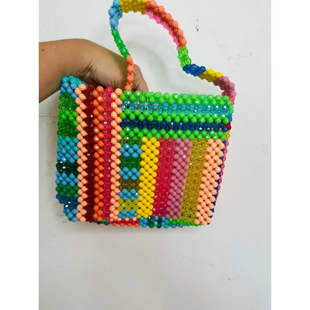 SUSAN ALEXANDRA Rainbow Colorful Beaded Beautiful Geometric Top Handle Bag
